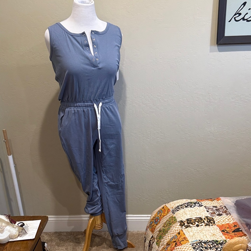 Blue Sleeveless Jumpsuit with Button Detail